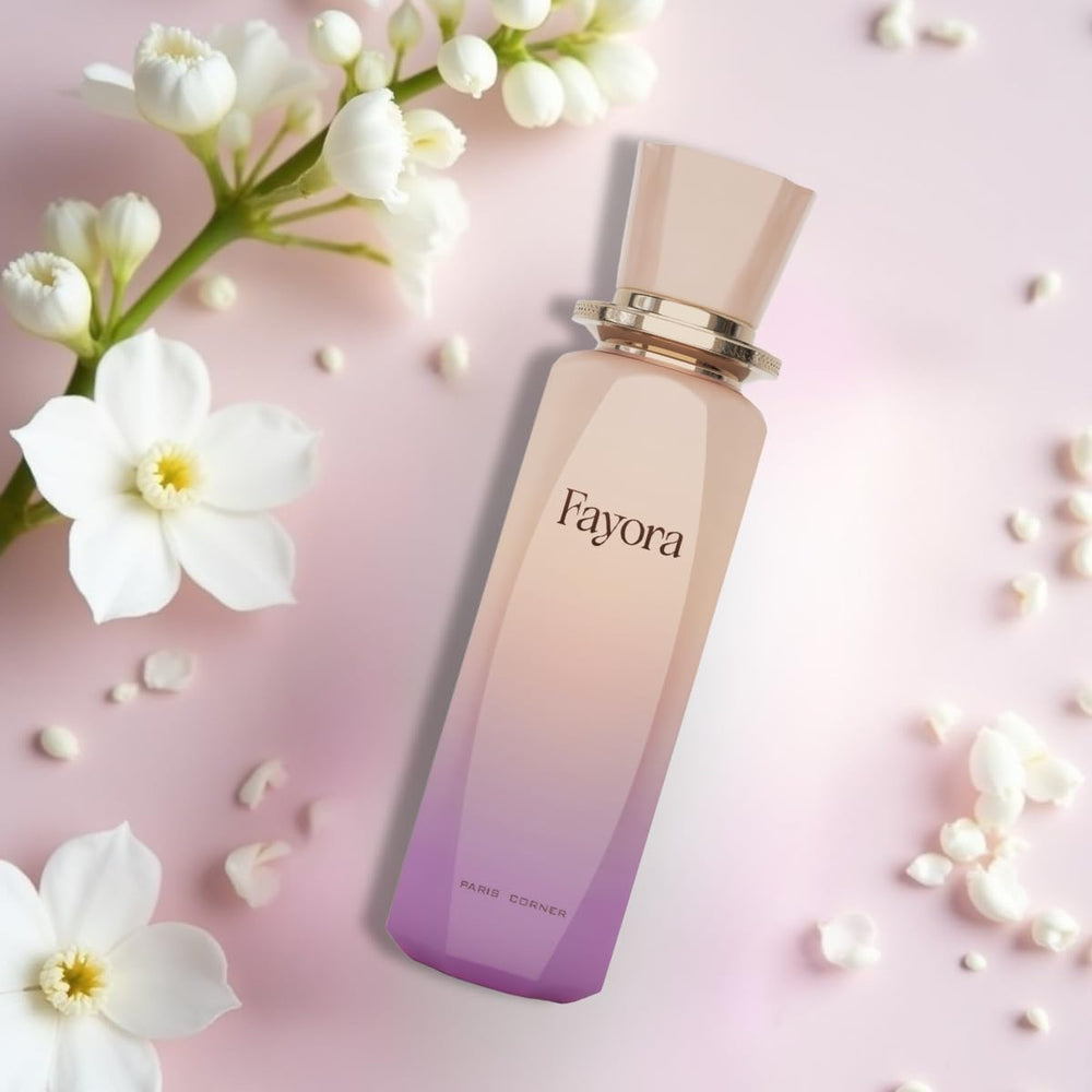 Paris Corner Fayora glossy bottle texture, conveys modern luxury on vanity.