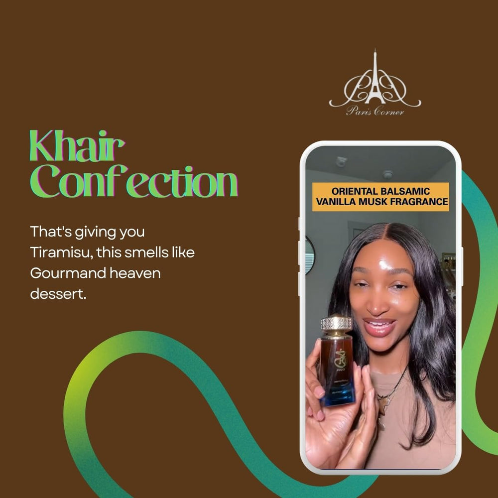 Paris Corner Khair Confection label, chic design suggesting a sweet, long-lasting scent profile.