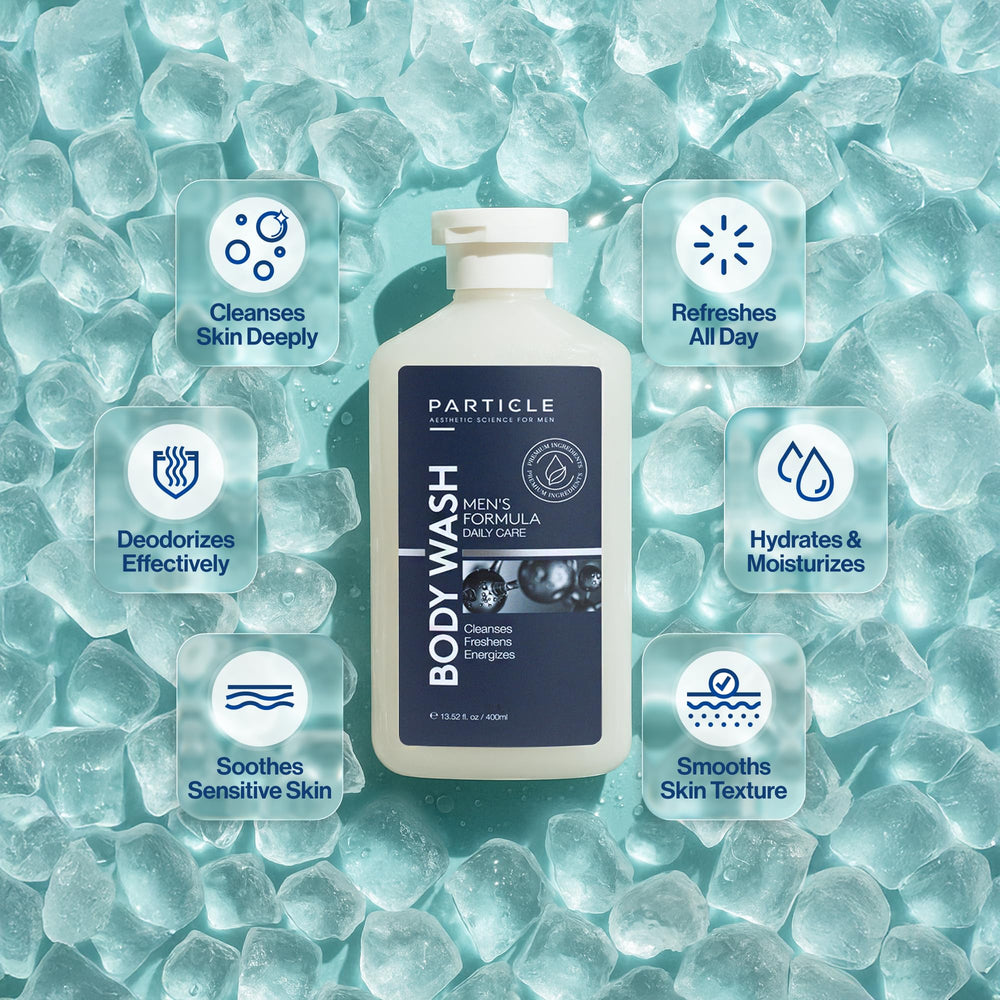 Particle Men’s Body Wash foamy lather spreading across skin for refreshing wash