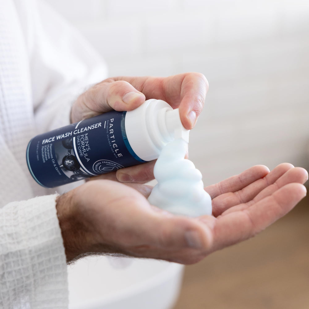 Particle Mens Face Wash includes allantoin and cinnamon extract for balanced care.