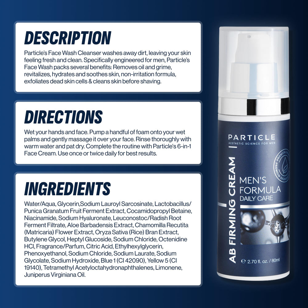 Particle Mens Face Wash rinses clean leaving a light finish.