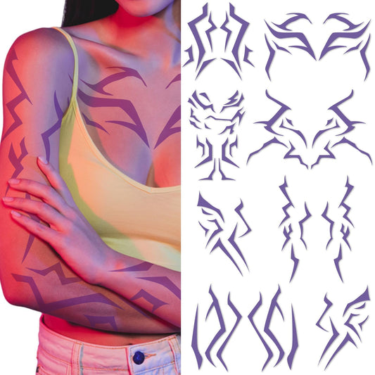 Party Greeting purple demon tattoo on face for immersive cosplay and bold stage presence.