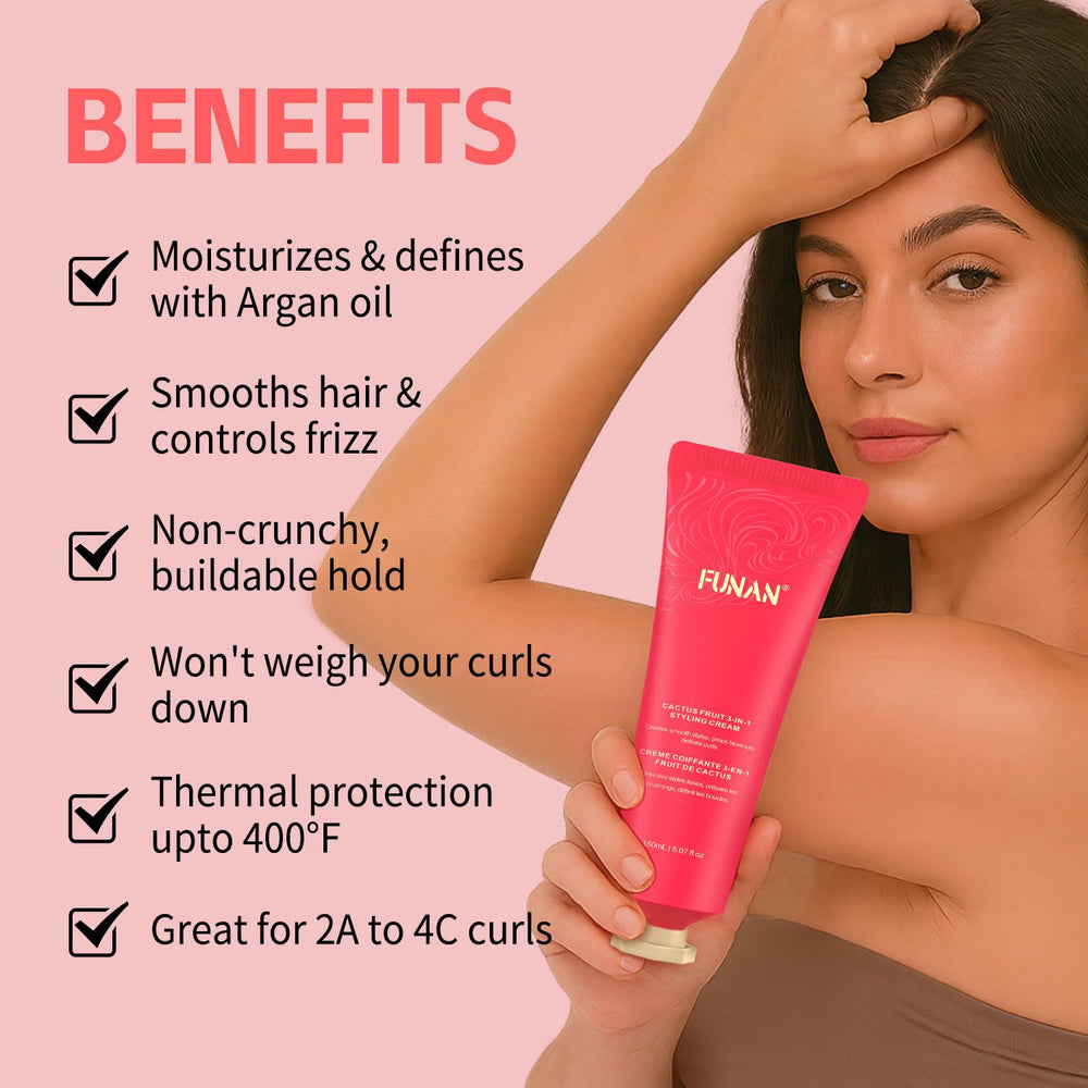 PasaRose Cactus Fruit 3-in-1 Cream applied on styled hair with added shine.