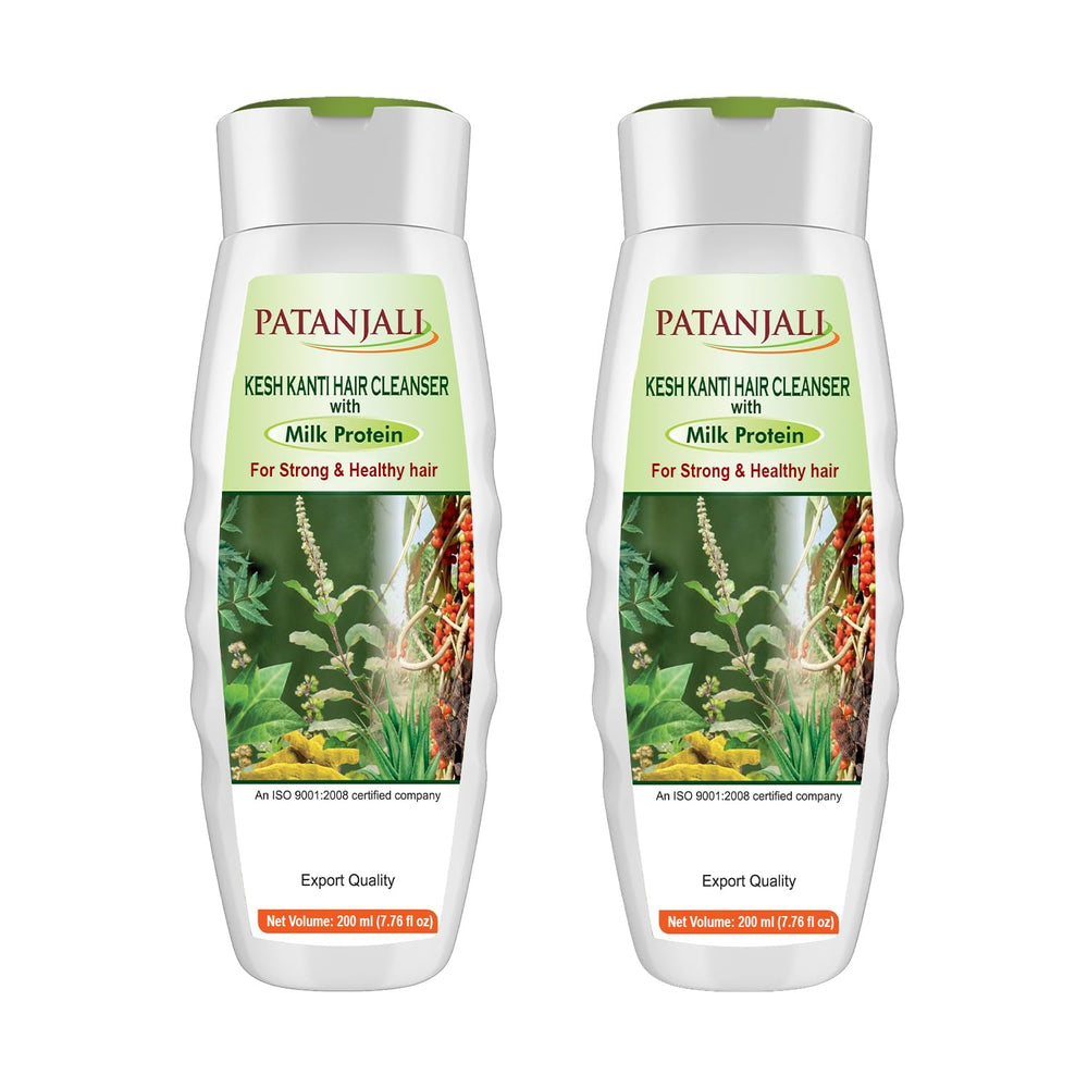 Patanjali Kesh Kanti Milk Protein Shampoo bottle top view for daily nourishment.