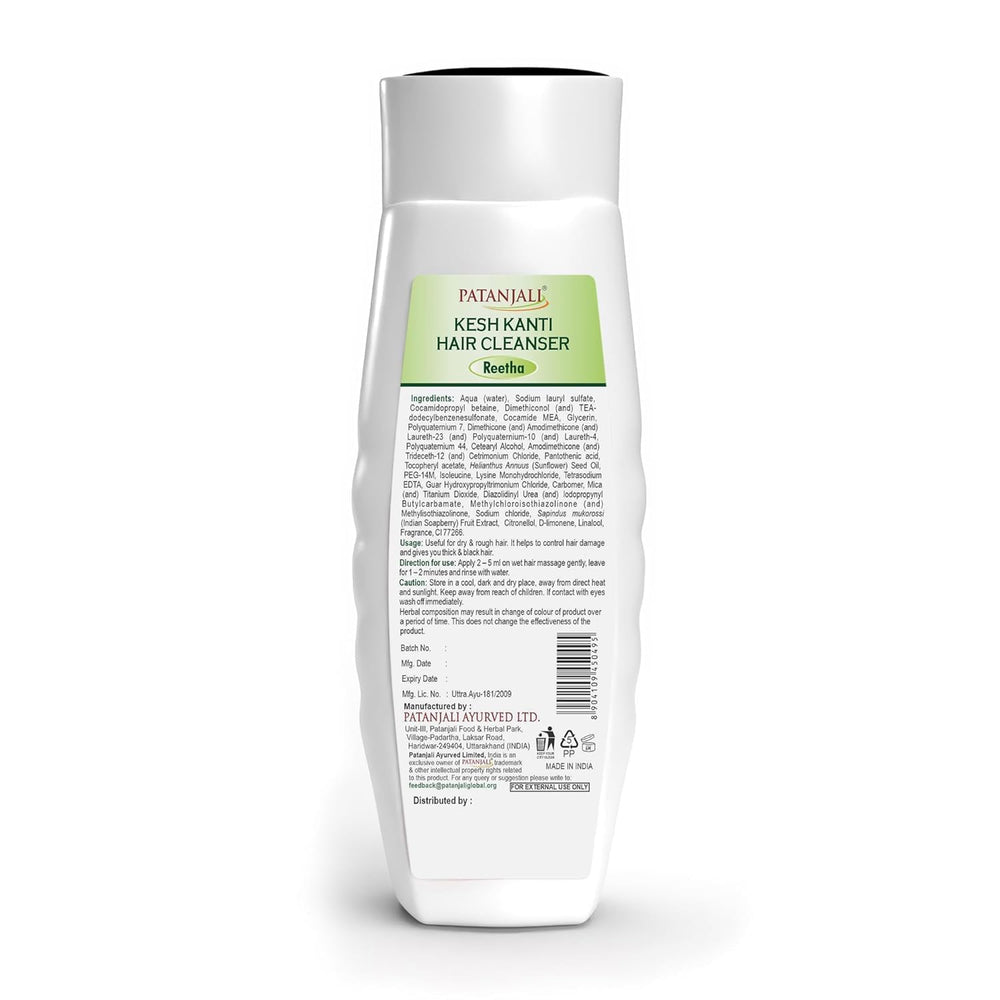 Patanjali Kesh Kanti Reetha shampoo bottle back view, highlights gentle formula