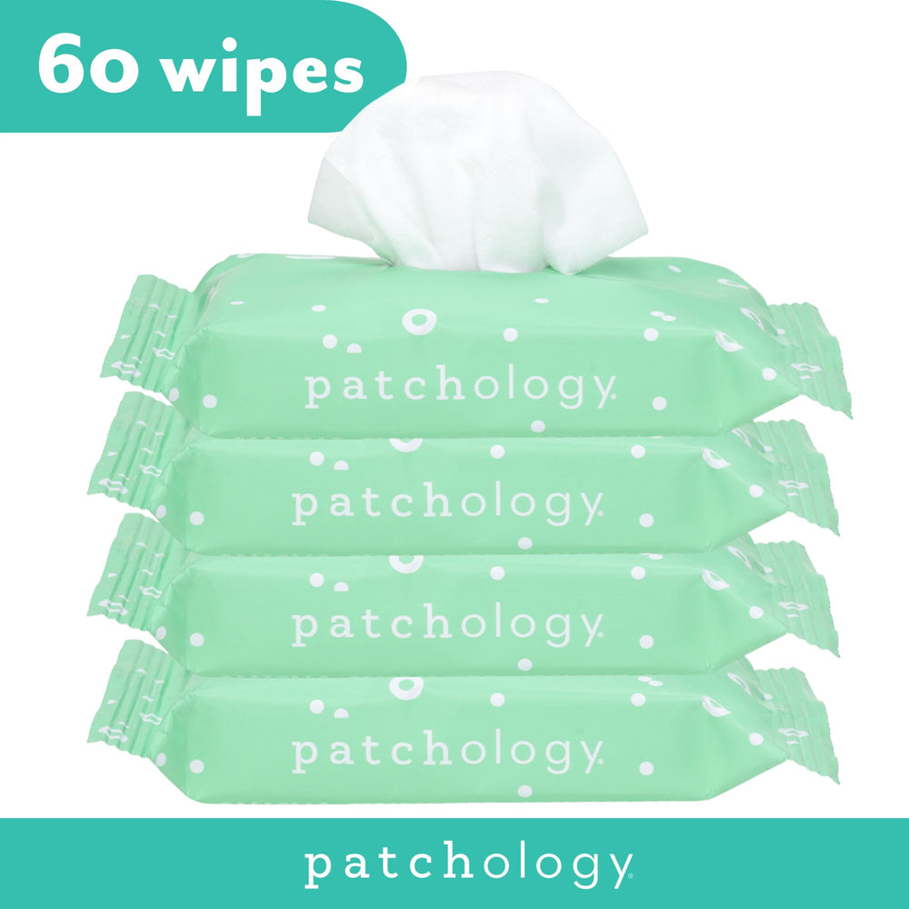 Patchology Clean AF wipes label detail emphasizes vitamin B5 and detoxifying ingredients.
