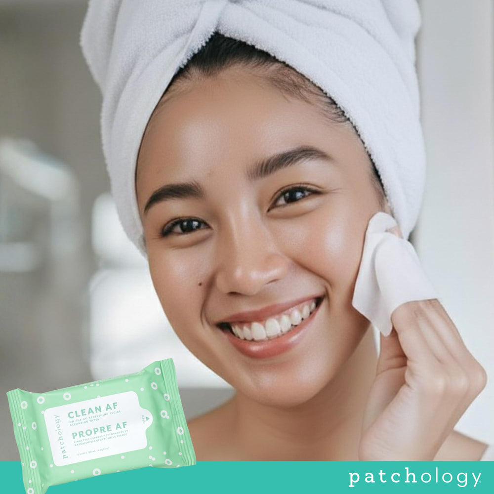 Patchology Clean AF wipes pack open reveals 60 sheets for on-the-go cleansing.