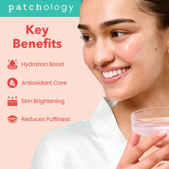 Patchology under-eye patches featuring Hyaluronic Acid for hydration of delicate skin.
