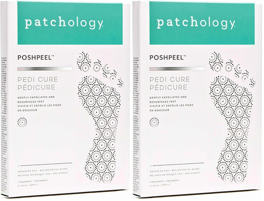 Patchology PoshPeel Pedi Cure booties on feet for exfoliation and smoother skin