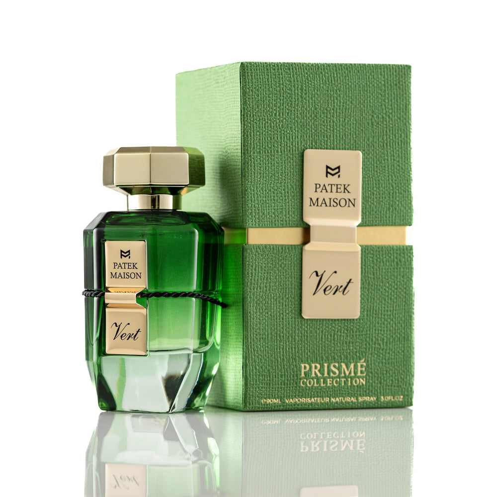 Patek Maison Prisme Vert bottle front highlights vibrant green freshness for daily wear.