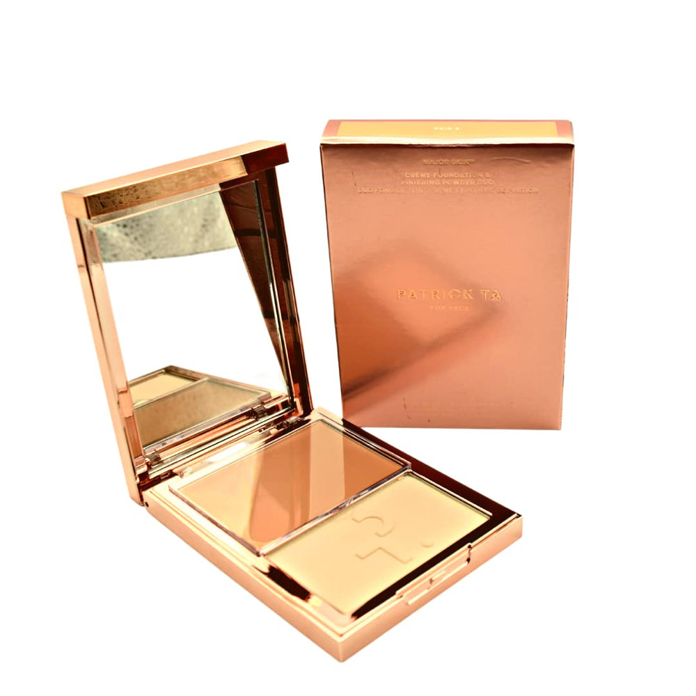 Patrick Ta Major Skin Duo compact open showing dual foundation and finishing powder for a skin-like finish