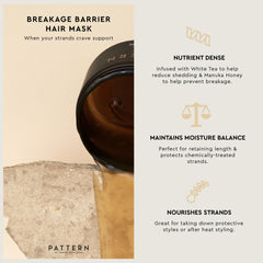 PATTERN Breakage Barrier Mask jar of Manuka honey supports hydrated, strong hair.