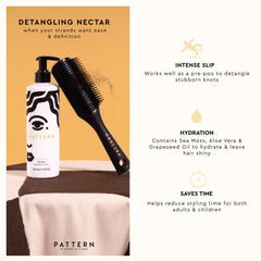 PATTERN Detangling Nectar on hair strands untangles with gentle slip