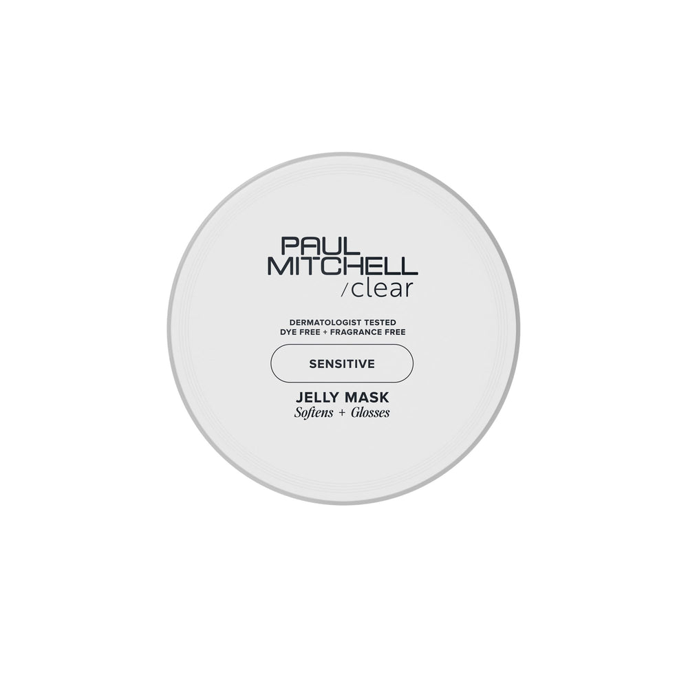Paul Mitchell Clear Jelly Mask bottle front highlights fragrance-free hydration for sensitive scalp.