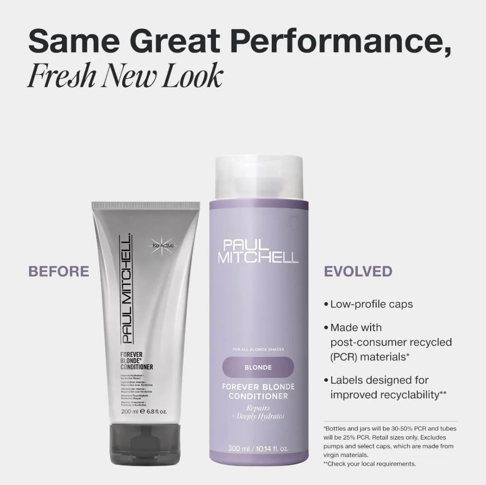 Paul Mitchell Forever Blonde Conditioner tube detangles and smooths highlighted blond hair.