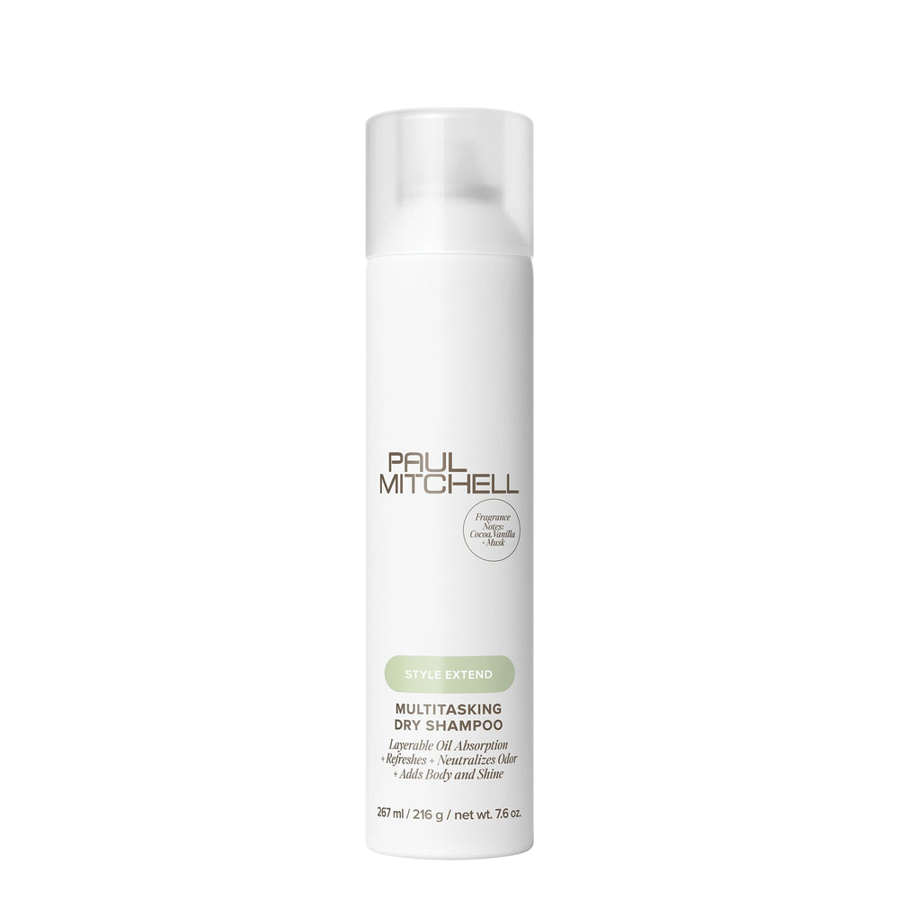 Paul Mitchell Multitasking Dry Shampoo bottle application shows quick refresh between washes.