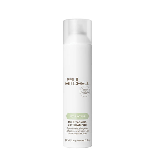 Paul Mitchell Multitasking Dry Shampoo bottle application shows quick refresh between washes.