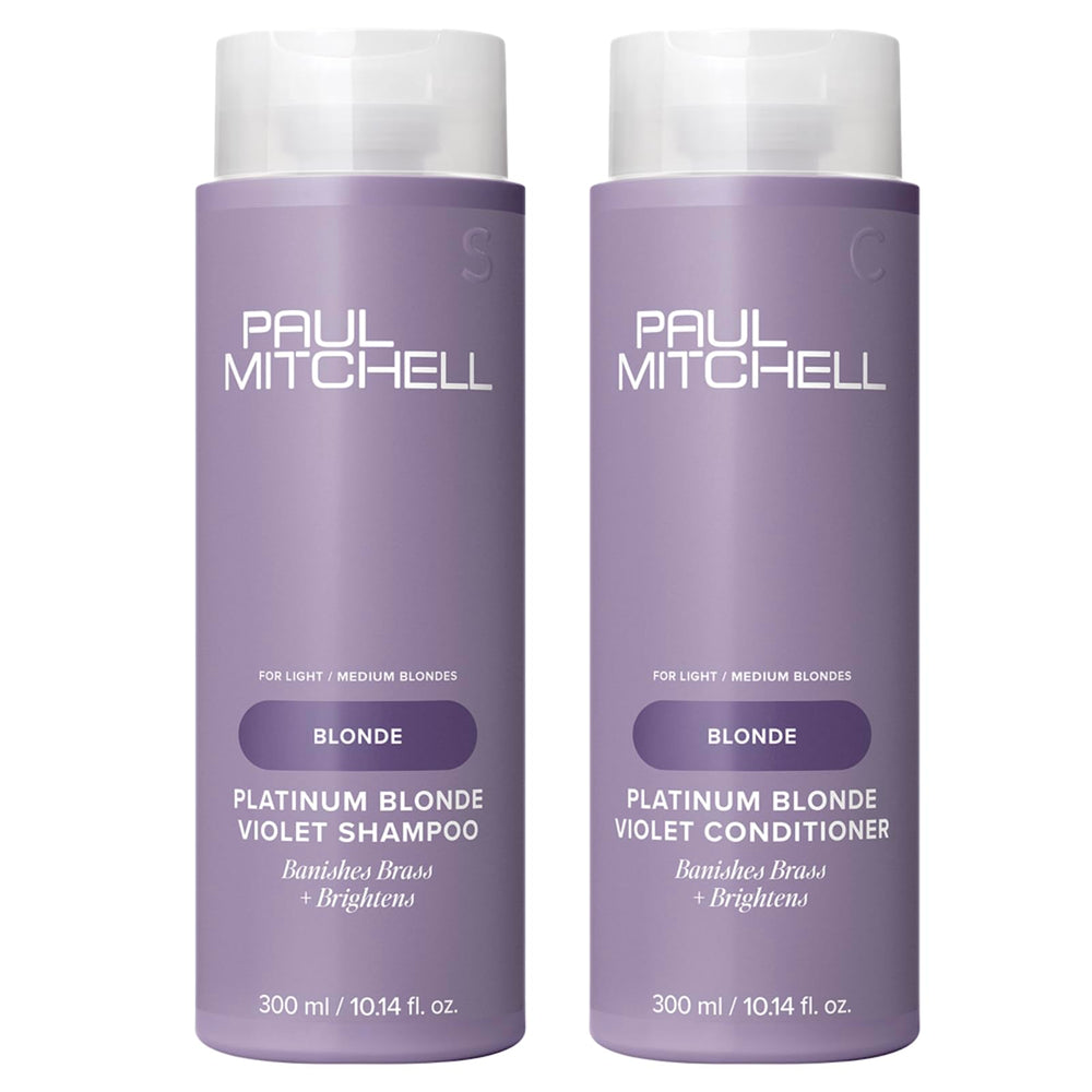 Paul Mitchell Platinum Blonde Purple Shampoo pour demonstrating brassiness reduction.