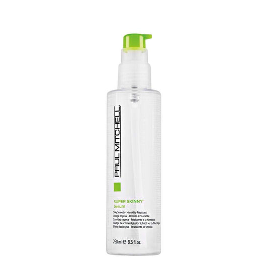 Paul Mitchell Super Skinny Serum bottle demonstrates easy prep for frizz control.