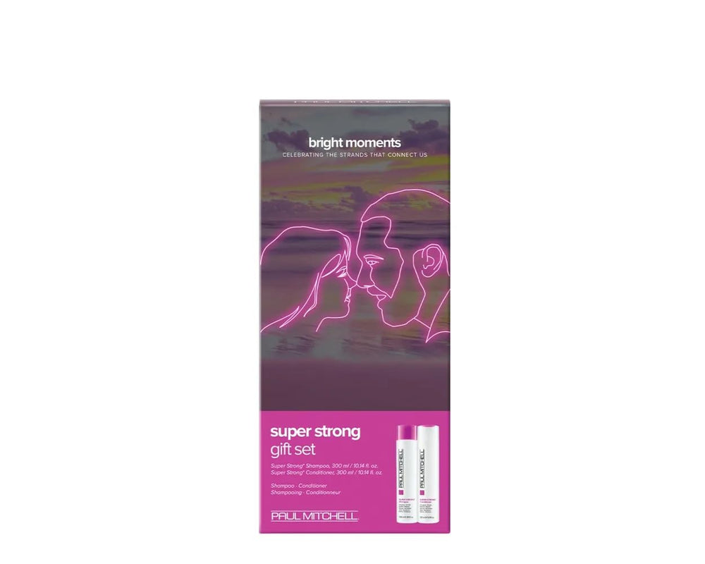 Paul Mitchell gift set bottles featuring shampoo and conditioner for daily strand strengthening.