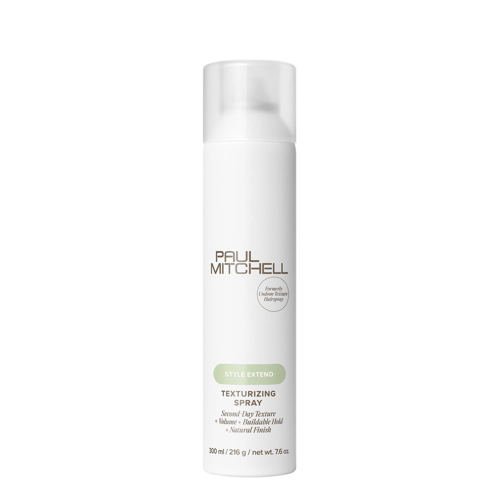 Paul Mitchell Texturizing Spray bottle shows lightweight texture and flexible hold.