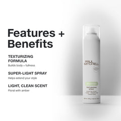 Paul Mitchell Texturizing Spray on hair reveals undone texture and added body.