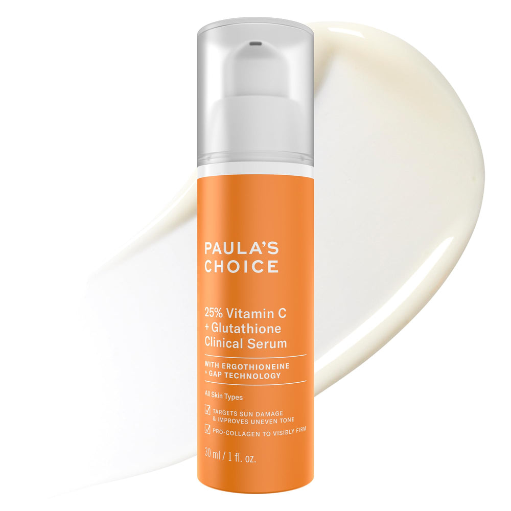 Paula's Choice 25% Vitamin C serum bottle emphasizes antioxidant protection for even tone
