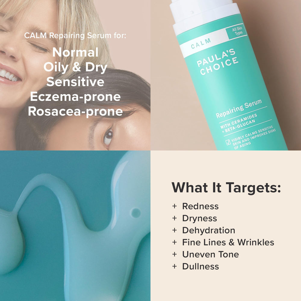 Calm Serum packaging shot emphasizing sustainable, reduced-plastic packaging.