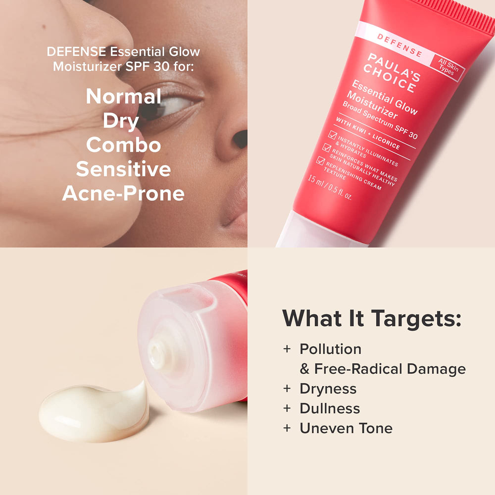 Paula's Choice Defense Essential Glow SPF 30 label highlights broad-spectrum protection