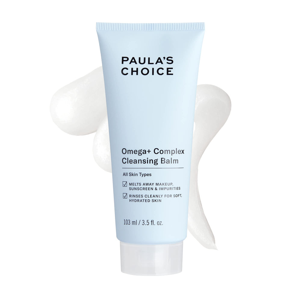 Paula's Choice Omega Complex cleansing balm in a jar closeup, melting makeup gently for clean skin.