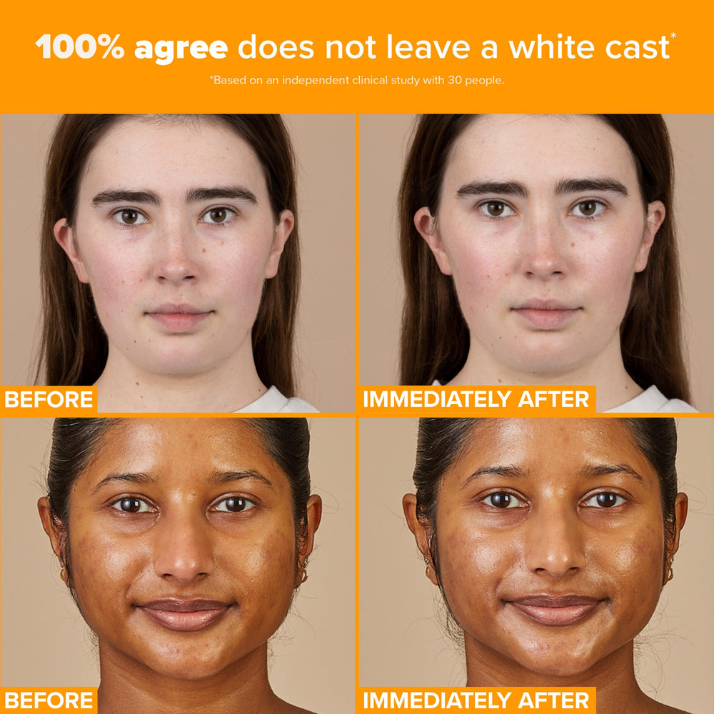 Paula's Choice vitamin C sunscreen swatch on skin demonstrates sheer no-cast coverage.