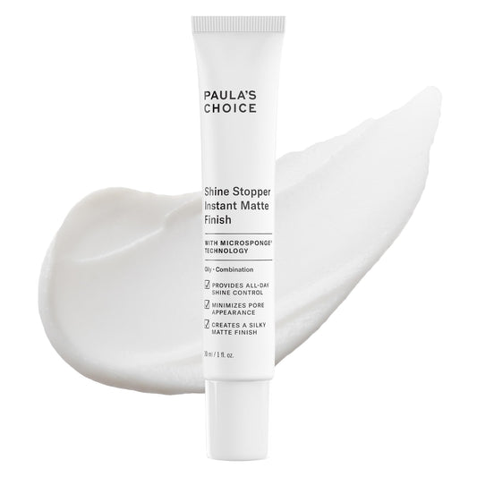 Paula's Choice Shine Stopper bottle close-up showing oil-control and matte finish.