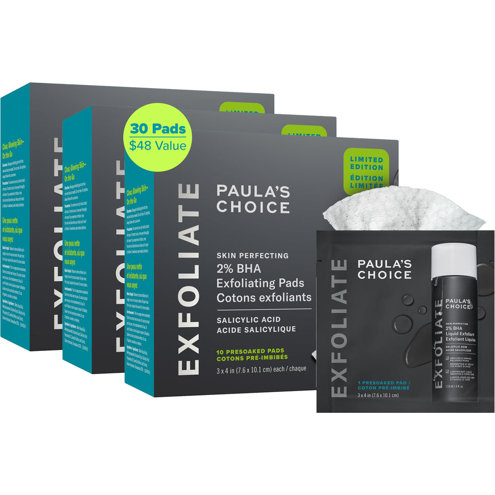 Paula's Choice Skin Perfecting 2% BHA Pads packaging highlights travel-friendly format.