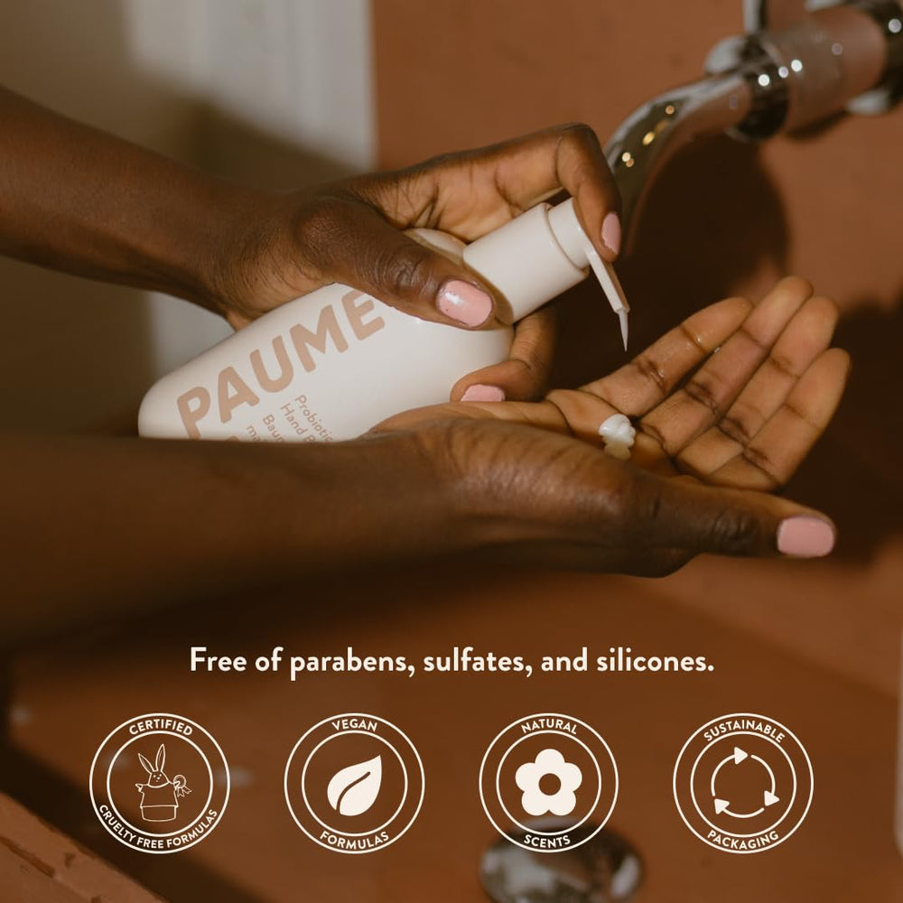 PAUME Probiotic Hand Balm label detail shows size and benefits