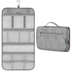 PAVILIA hanging toiletry bag with hook for easy access in hotel bathrooms.
