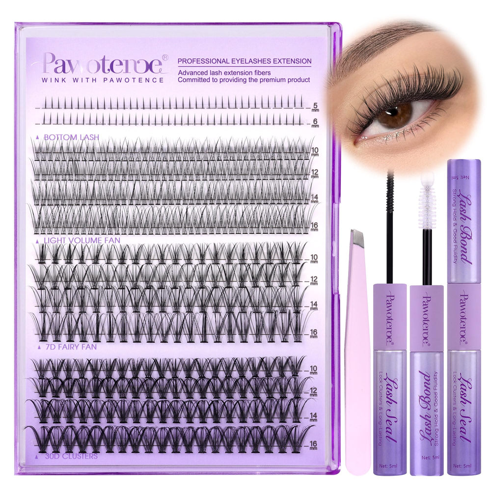 Pawotence lash extension kit with 404 cluster lashes for natural-looking fullness at home.