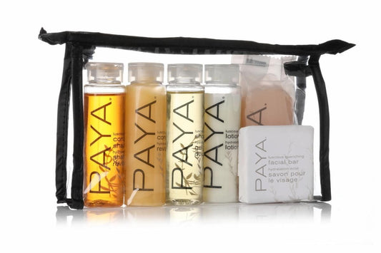 Paya Organics travel set shampoo bottle highlights nourishing formula for hair on the go