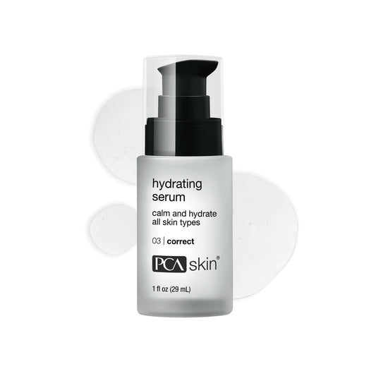 PCA SKIN Hydrating Serum bottle with pump showing gentle hydration for sensitive skin.