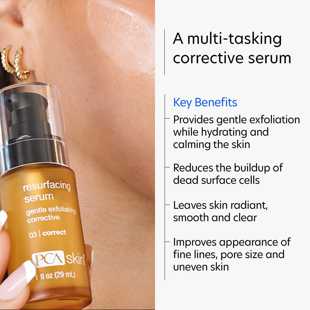PCA SKIN Resurfacing Serum vial label highlights fragrance- and paraben-free formula.