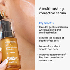 PCA SKIN Resurfacing Serum vial label highlights fragrance- and paraben-free formula.