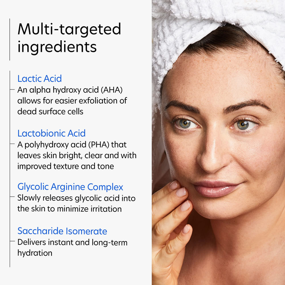 PCA SKIN Resurfacing Serum on nightstand with face and neck application.