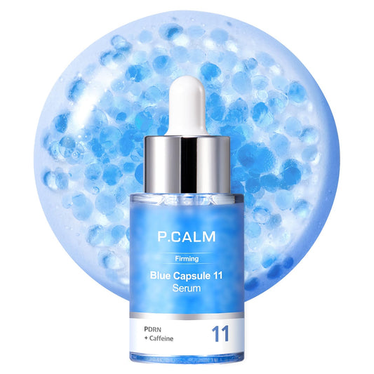 P.CALM Blue Capsule 11 Serum bottle shows a hydrating formula for radiant skin.