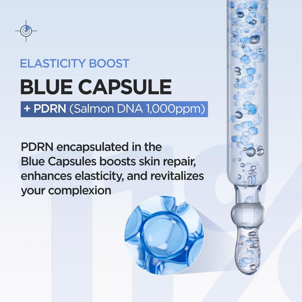 P.CALM Blue Capsule 11 Serum ingredients graphic highlights PDRN and hyaluronic acids.