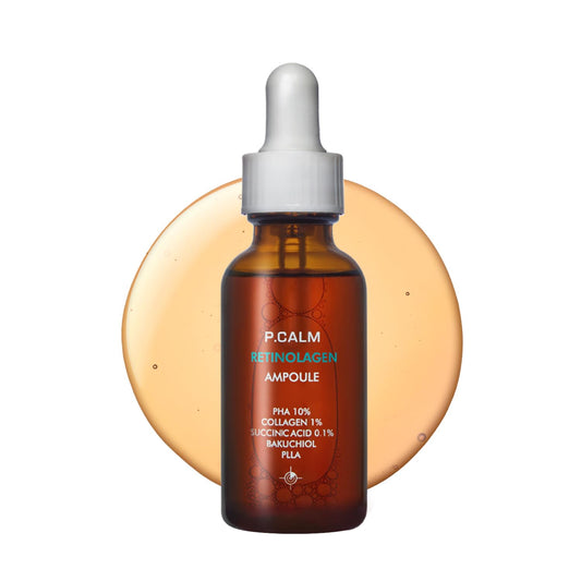 P.CALM Retinolagen Ampoule bottle close-up for smoother pores and glow