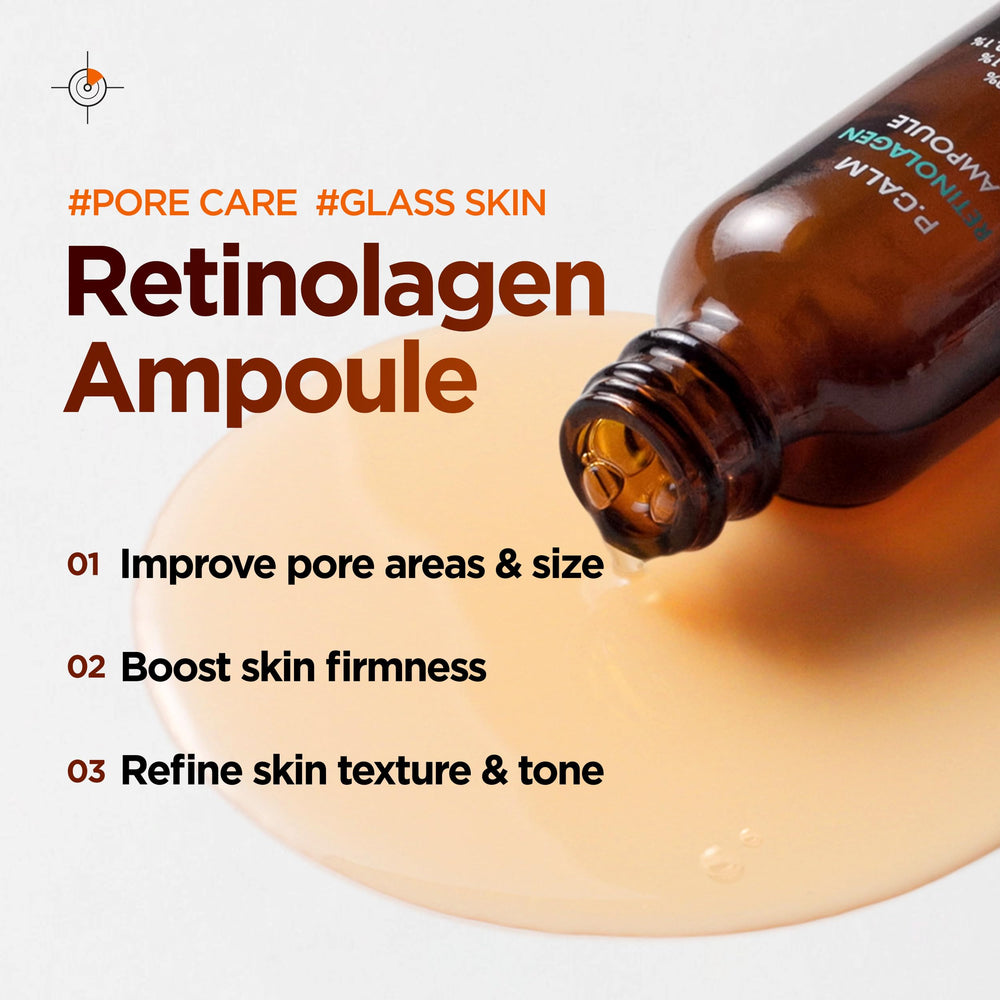 P.CALM Retinolagen Ampoule drop on fingertip illustrating precise micro-dosing