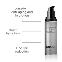 PCA SKIN Hyaluronic Acid Boosting Serum pump demonstrates nourishing hydration and smooth application