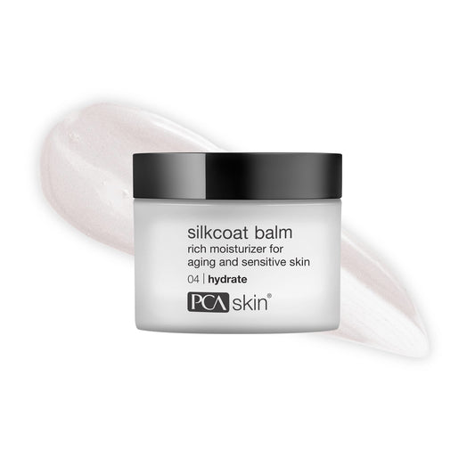 PCA SKIN Silkcoat Face Cream Balm jar shows silky texture for dry skin hydration