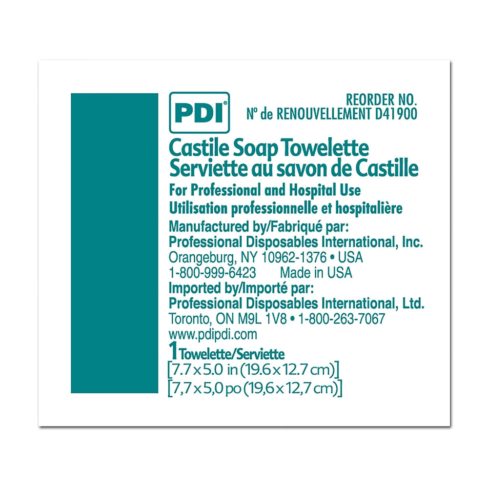 PDI Castile Soap Towelette in an individual packet for hygiene and portability.