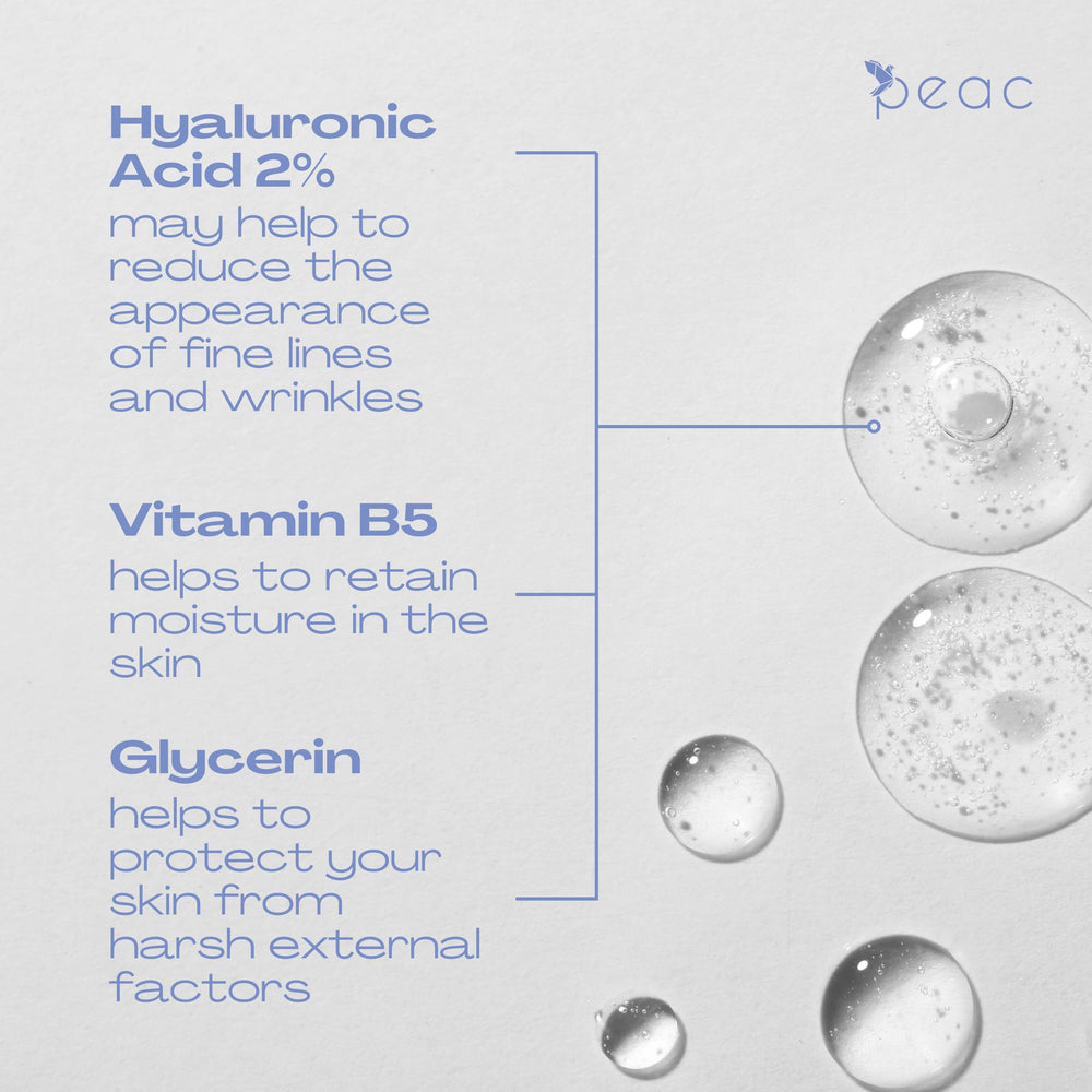 Peac Hyaluronic Acid 2% + B5 Serum texture detail shows quick-absorbing, fragrance-free hydration.