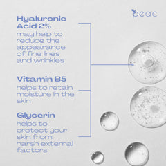 Peac Hyaluronic Acid 2% + B5 Serum texture detail shows quick-absorbing, fragrance-free hydration.